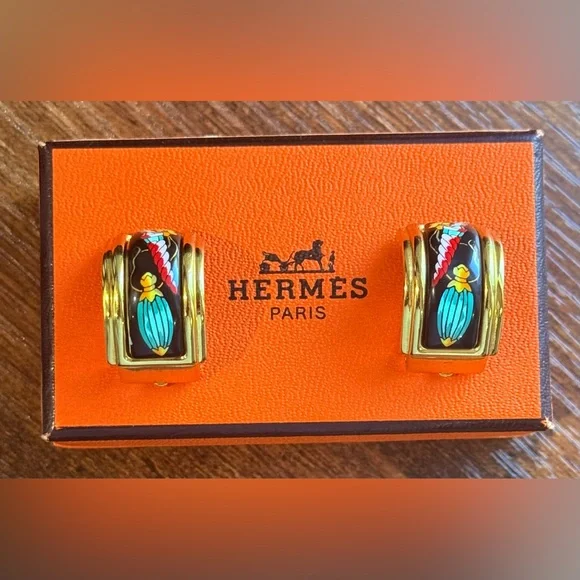 HERMES Cloisonne portrait enamel Clip on earrings w/ box - Picture 1 of 6